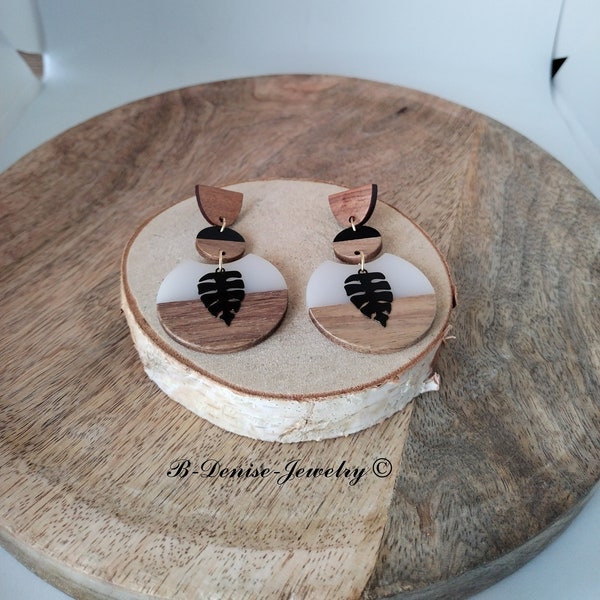 Original wooden chip earrings half circle black white brown in wood and resin T: 6.5cm x 3.5cm b-denise-jewelry creation