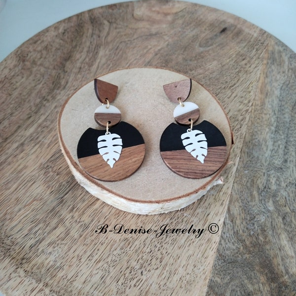 Original Puce wooden earrings half circle black brown in wood and resin T: 6.5cm x 3.5cm b-denise-jewelry creation