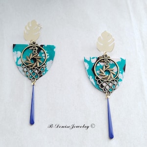 Wax Fabric Earrings Monstera Stud 18KT Gold Plated !! SUN CHANDELIER !! In Wax Fabric T:4cm x 10cm B-Denise-Jewelry-Creation