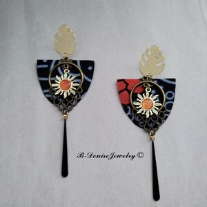 Wax Fabric Earrings Monstera Stud 18KT Gold Plated !! SUN CHANDELIER !! In Wax Fabric T:4cm x 10cm B-Denise-Jewelry-Creation