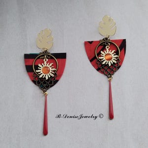 Wax Fabric Earrings Monstera Stud 18KT Gold Plated !! SUN CHANDELIER !! In Wax Fabric T:4cm x 10cm B-Denise-Jewelry-Creation