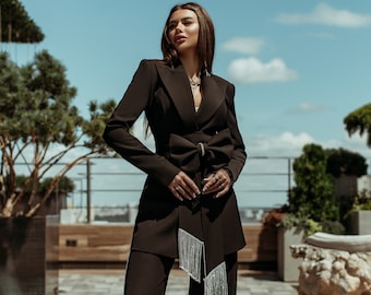 Black Suit With Rhinestones, Black Suit With Crystals, Rhinestone Pant Suit Wide Leg Suit, Black Wide Leg Suit, Womens Luxury Suit
