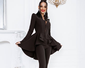 Black Peplum Suit, Basque Blazer Suit, Suit With Basque, Peplum Suit, Peplum Blazer, Black Peplum Suit, Black Women Suit, Black Dressy Suit