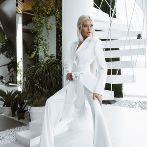 White Pants Suit, Satin Suit, Wedding Women Suit, Bridal Suit, Prom Suit, White Suit, Suit For Formal Events, Wide Leg Suit, Birthday Suit