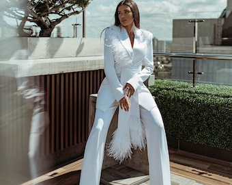 White Satin Wedding Pantsuit. Feathers Straight Wide Pants, Long Sleeves, V-Neck Blazer. Bridal Oversized Suit And Classic Blazer With Belt.