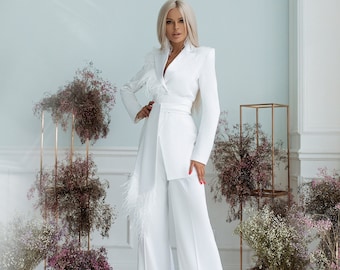 White Satin Wedding Pantsuit, Feathers Straight Wide Pants, Long Sleeves, V-Neck Blazer. Bridal Oversized Suit And Classic Blazer With Belt.