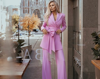 Pink Women Suit, Wide Leg Womens Pant Suit,  Suit with Crystals, Two-Piece Fancy Palazzo Suits For Women Party Wear Pink Suit, Pink Pantsuit