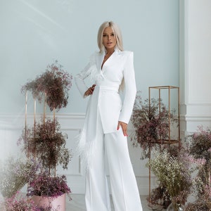 White Satin Wedding Pantsuit, Feathers Straight Wide Pants, Long Sleeves, V-Neck Blazer. Bridal Oversized Suit And Classic Blazer With Belt.