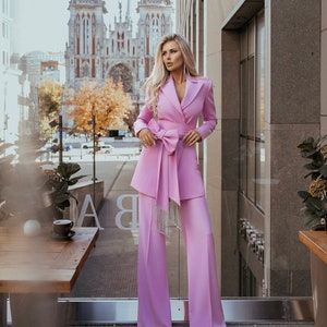 Pink Women Suit, Wide Leg Womens Pant Suit,  Suit with Crystals, Two-Piece Fancy Palazzo Suits For Women Party Wear Pink Suit, Pink Pantsuit