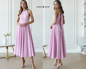Light Pink Midi Dress, Elegant Birthday Outfit, Open Back Dress with Circle Skirt for Women’s Special Celebration or Dinner Party