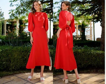 Red Midi Dress, Statement Puff Sleeve Dress, Red Birthday Outfit, Bold Party Dress, Open Back Bow Dress, Feminine Red Dress