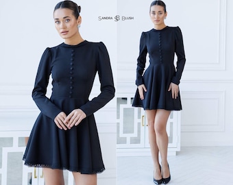 Structured Minimalist Closed Mini Dress | High Neck Flared Skirt Dress with Statement Buttons | Elegant Short Dress for Special Occasions