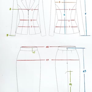 May include: A line drawing of a blazer and skirt pattern with measurements in inches. The blazer has a notched collar, long sleeves, and a single button closure. The skirt is a pencil skirt with a waistband and a center back seam.