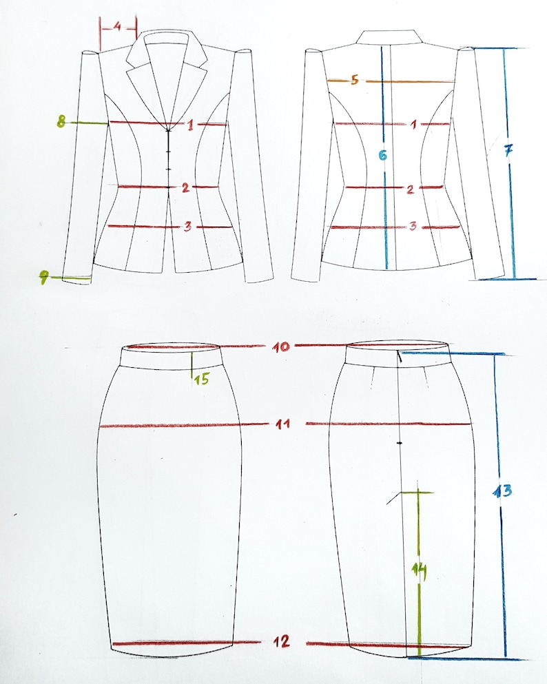 May include: A line drawing of a blazer and skirt pattern with measurements in inches. The blazer has a notched collar, long sleeves, and a single button closure. The skirt is a pencil skirt with a waistband and a center back seam.