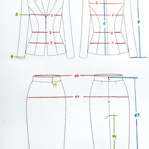 Op de afbeelding: Een technische tekening van een blazer en rok, met genummerde lijnen die de afmetingen aangeven. De blazer wordt van voren en van achteren getoond, met een getailleerde pasvorm. De rok is een potloodrok. De tekening is in zwarte inkt op wit papier.
