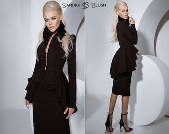 Formal Skirt Suit, Black Skirt Suit, Skirt Suits for Women, Skirt Suit: Black Blazer & Midi Skirt, Pencil Skirt Suit,  Skirt and Jacket