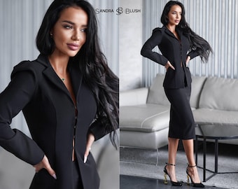 Black Formal Skirt Suit, Black Skirt Suit, Black Pencil Skirt Suit, Formal Skirt Suit, Skirt Suit for Office, Business Skirt Suit, Pencil Sk