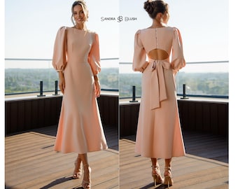 Blush Delicate Feminine Midi Dress | Elegant Mid-Sleeve Gown with Soft Open Back | Romantic Outfit for Special Occasions, Chic Everyday Wear