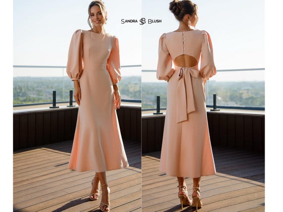 Blush Delicate Feminine Midi Dress | Elegant Mid-sleeve Gown With Soft Open  Back | Romantic Outfit for Special Occasions, Chic Everyday Wear - Etsy
