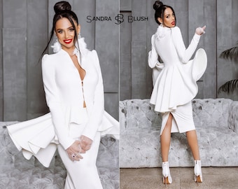 Peplum Blazer And Skirt For Wedding, Skirt Suit, Women Skirt Suit, White. Skirt Suit For Wedding, White Peplum Blazer, Bridal Skirt Suit