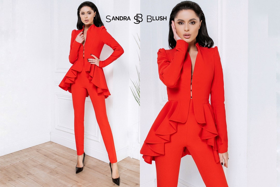 Red Peplum Suit, Basque Blazer Suit, Suit With Basque, Peplum