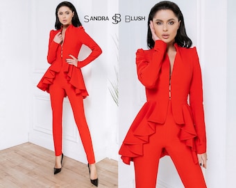 Red Peplum Suit, Basque Blazer Suit, Suit With Basque, Peplum Suit, Peplum Blazer, Red Peplum Suit, Red Women Suit, Red Dressy Suit, Suit
