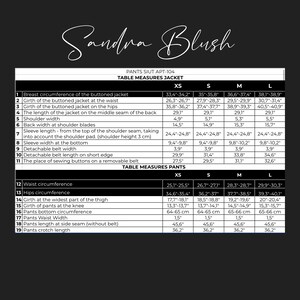 May include: A size chart for pants and jackets with measurements in inches. The chart includes measurements for the bust, waist, hips, shoulder width, sleeve length, and more. The chart is labeled with sizes XS, S, M, and L.