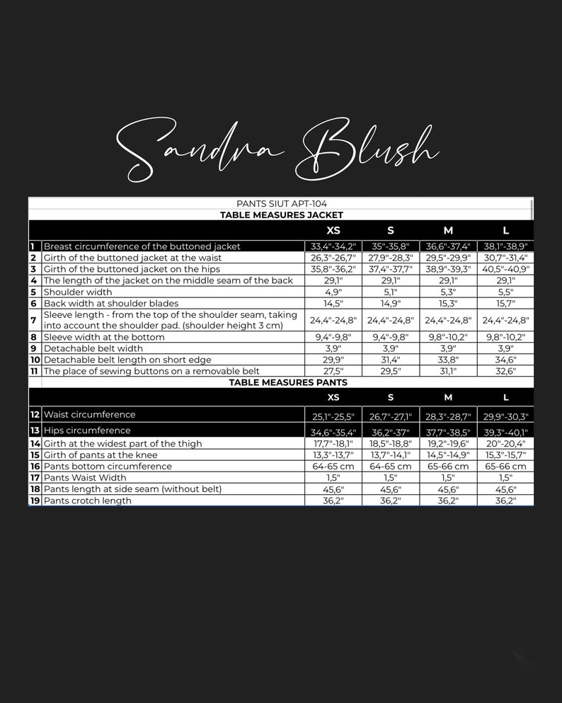 May include: A size chart for pants and jackets with measurements in inches. The chart includes measurements for the bust, waist, hips, shoulder width, sleeve length, and more. The chart is labeled with sizes XS, S, M, and L.