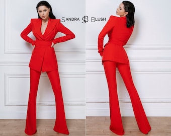 Women 2 Piece Suit Custom Made Red Cotton Blazer With High Waist Pant Party  Wear