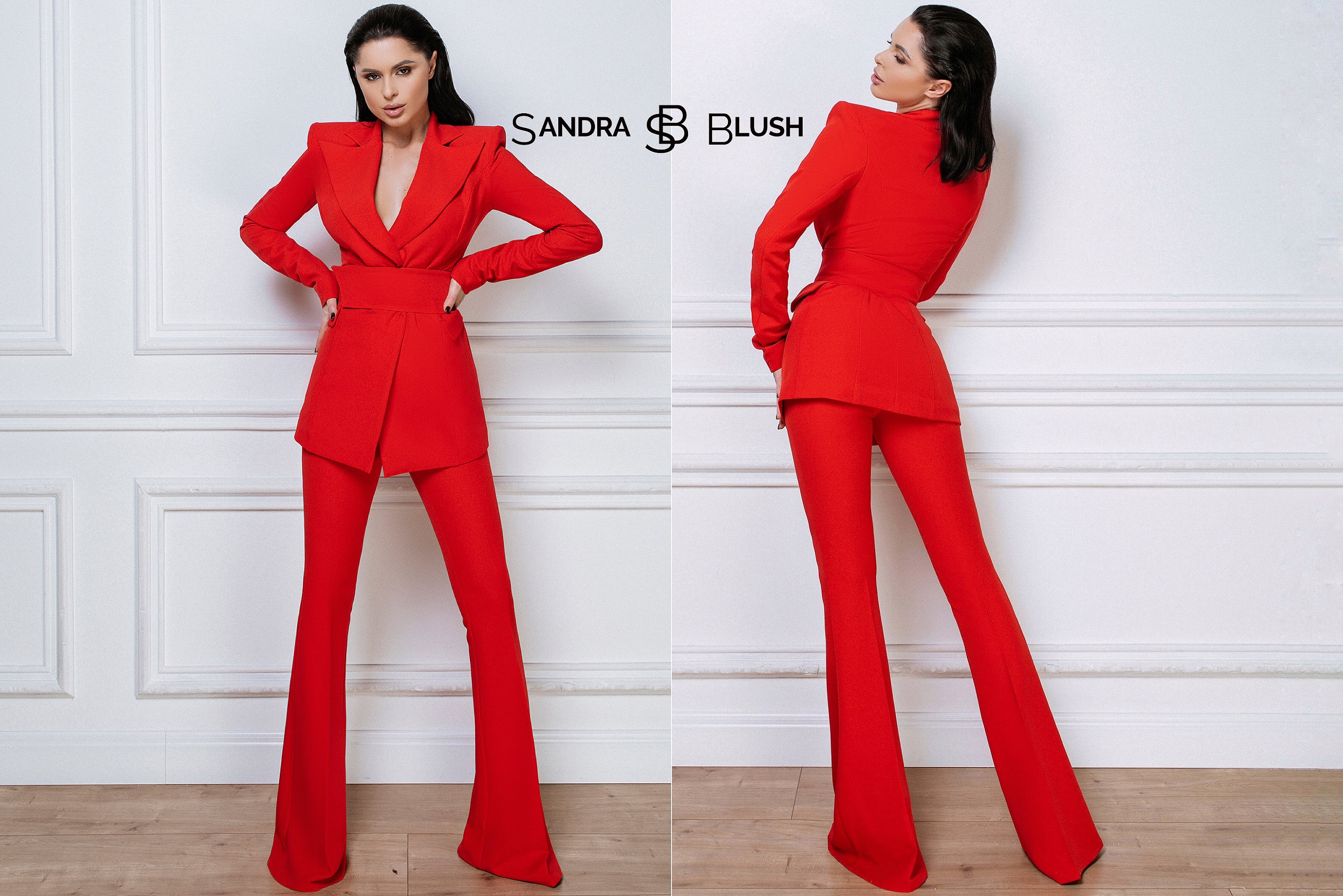 mono largo pitillo con peplum rojo