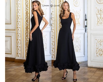 Black Evening Midi Dress, Elegant Dinner Dress Women, Chic Formal Occasion Dress, Timeless Midaxi Evening Outfit