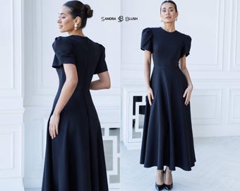 Black Structured Midi Dress | Voluminous Statement Sleeve Gown | Elegant Modern Formal Dress for Special Occasions, Minimalist Evening Dress