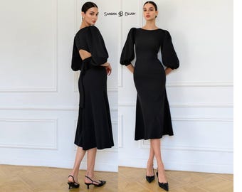 Black Midi Dress, Classic Puff Sleeve Dress, Black Evening Outfit, Open Back Bow Dress, Elegant Dinner Dress, Feminine Black Dress