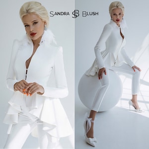 Brautanzug Schößchen weiß | Schicker Hosenanzug Zweiteiler für die standesamtliche Trauung | Elegante Hochzeit Set für moderne Braut
