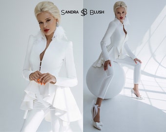 White Peplum Bridal Suit | Chic Two-Piece Pantsuit for Civil Ceremony | Elegant Wedding Trouser Set for Modern Bride