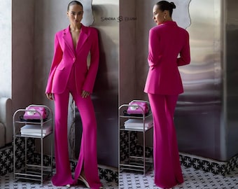Women’s Fuchsia Pantsuit, Tailored Blazer & Flared Trousers Two Piece Set, Elegant Pink Suit for Wedding Guest, Office Wear, Evening Outfit