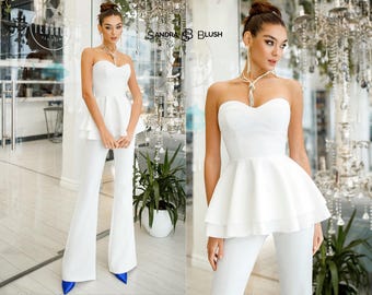 White Peplum Suit | Bustier Suit Set with Corset Top & Flared Pants | Elegant Striped Formal Outfit | Chic Women's Two-Piece Ensemble