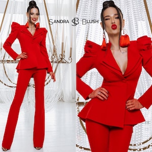 Red Women Pant Suit, Formal Pants Suit For Women, Dressy Women Suit, Wedding Guest Suit, Peplum Pantsuit, Prom Women Suit, Red Women Suit