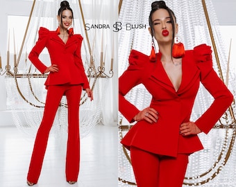 Red Women Pant Suit, Formal Pants Suit For Women, Dressy Women Suit, Wedding Guest Suit, Peplum Pantsuit, Prom Women Suit, Red Women Suit