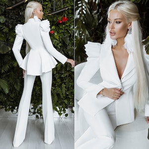 Bridal Suit for Wedding | Luxury White Women's Pantsuit | Designer Peplum Blazer with High-Raise Flared Pants | Elegant Formal Bridal Outfit