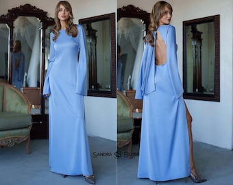 Blue Evening & Going Out Maxi Dresses | Formal Long Sleeve Gown | Elegant Semi-Formal Atlas Maxi Dress | Simple Chic Evening Outfit