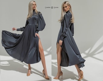 Gray Satin Midi Dress, Elegant Wedding Guest Dress, High Neck Formal Dress, Long Sleeve Cocktail Dress, Side Slit Evening Gown