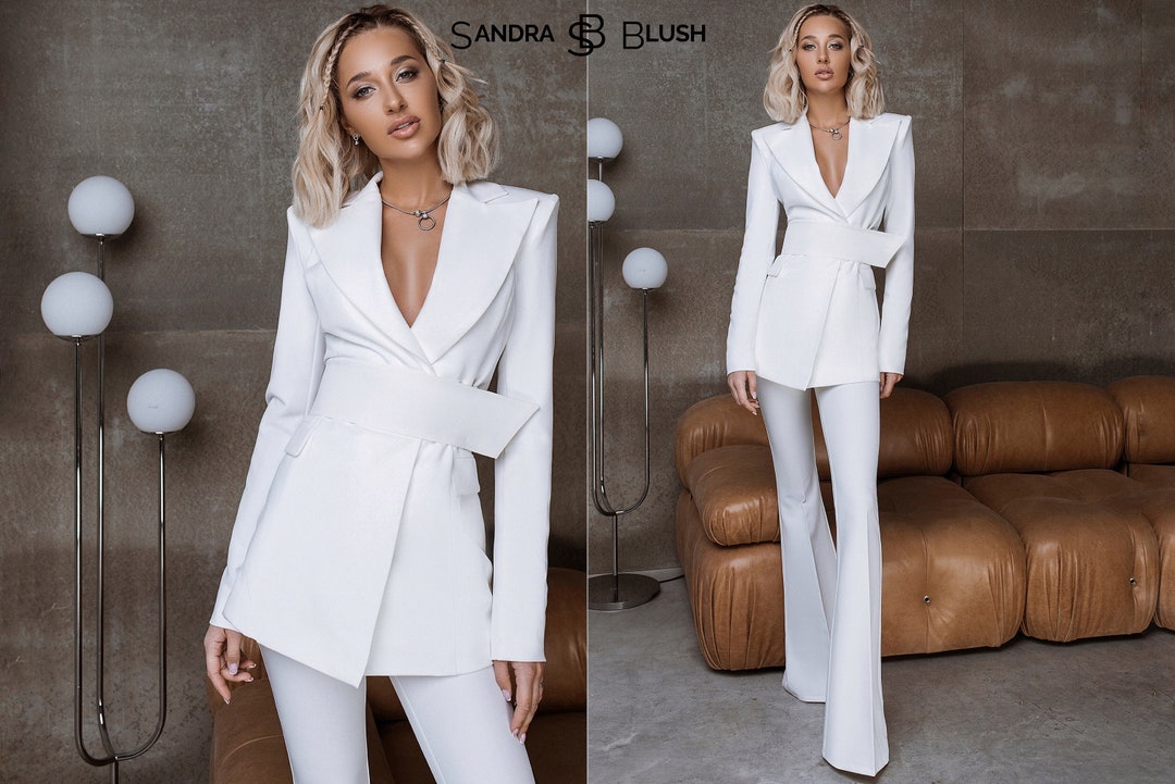 White Women's Formal Pantsuit With Elongated Fitted Deep V Blazer With ...