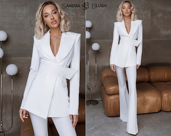 White Women's Formal Pantsuit With Elongated Fitted Deep V Blazer With Wide Belt And High Waisted Flared Pants Bridal, Rehearsal Dinner Suit