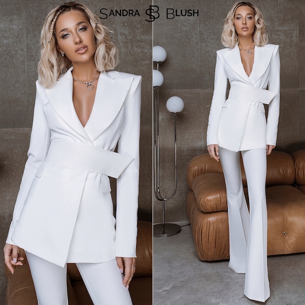 White Women's Formal Pantsuit With Elongated Fitted Deep V Blazer With Wide Belt And High Waisted Flared Pants Bridal, Rehearsal Dinner Suit