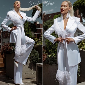 White Pants Suit, Satin Suit, Wedding Women Suit, Bridal Suit, Prom Suit, White Suit, Suit For Formal Events, Wide Leg Suit, Birthday Suit