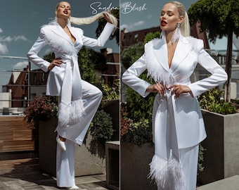White Pants Suit, Satin Suit, Wedding Women Suit, Bridal Suit, Prom Suit, White Suit, Suit For Formal Events, Wide Leg Suit, Birthday Suit