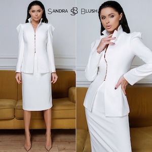 White Skirt Suit, Formal Skirt Suit, Midi Pencil Skirt,  Midi Skirt Suit, Pencil Skirt Suit, Civil Wedding Bridal Suit with Skirt, Prom Suit