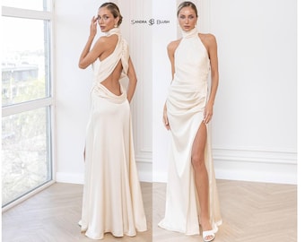 Beige Wedding Guest Dress, Satin Formal Maxi Gown, Elegant Halter Neck Dress, Open Back Evening Dress, High Slit Wedding Reception Gown
