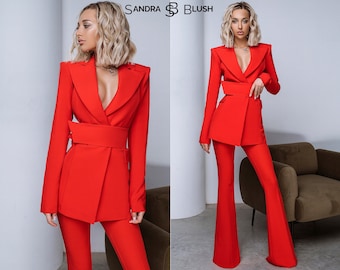 Red Formal Pantsuit, Red Pants Suit For Women,  Flared Pants Suit, Rehearsal Dinner Suit, Birthday Pants Suit, Business Suit Women, Red Suit